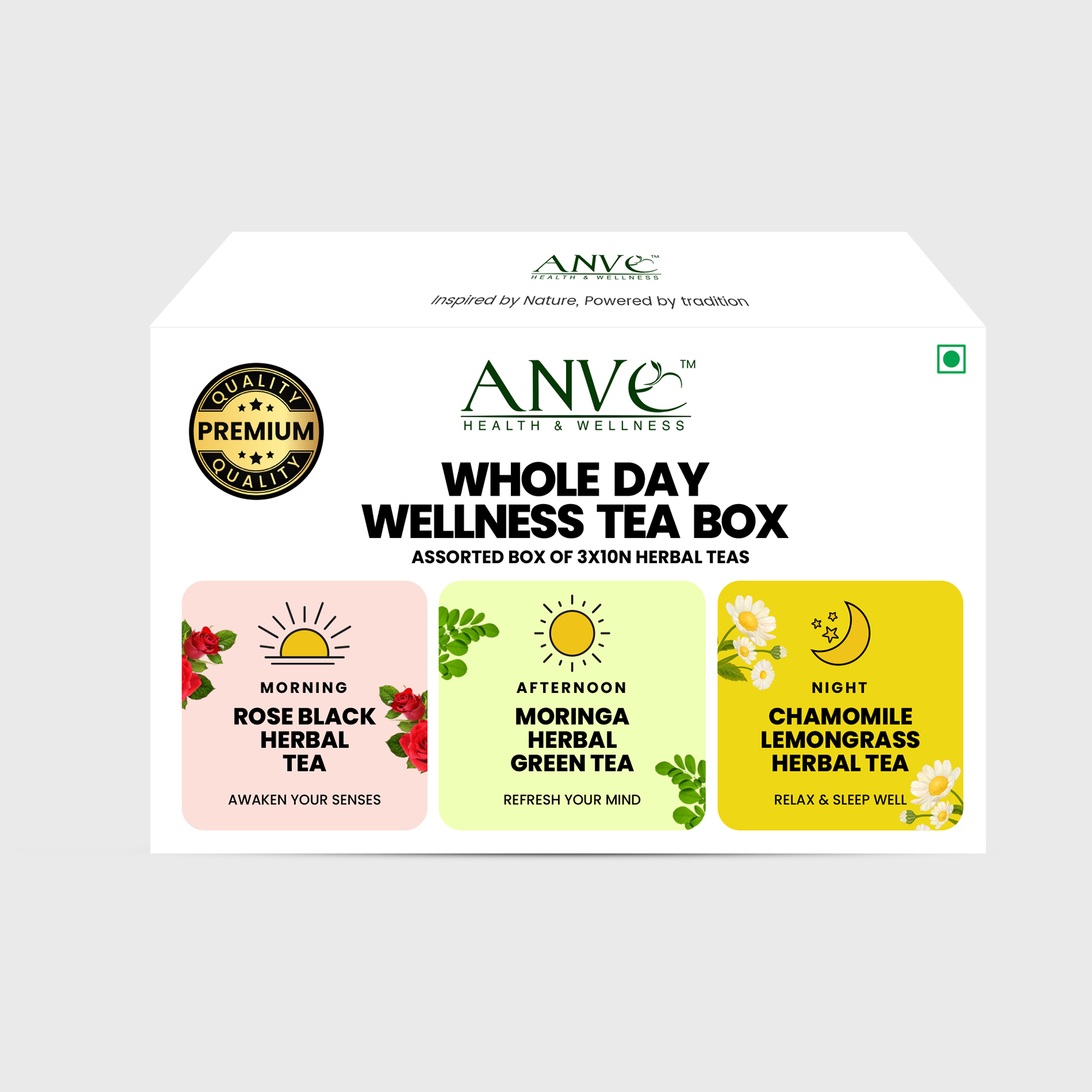ANVE Whole Day Wellness Tea Box with Rose, Moringa, and Chamomile Lemongrass teas